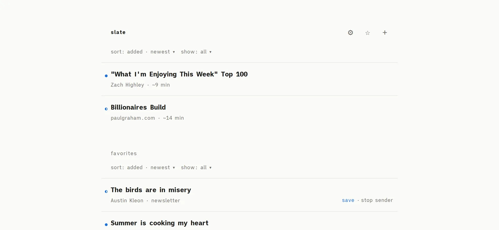 The Slate queue on a desktop browser: a short list of saved articles and newsletters, one line each