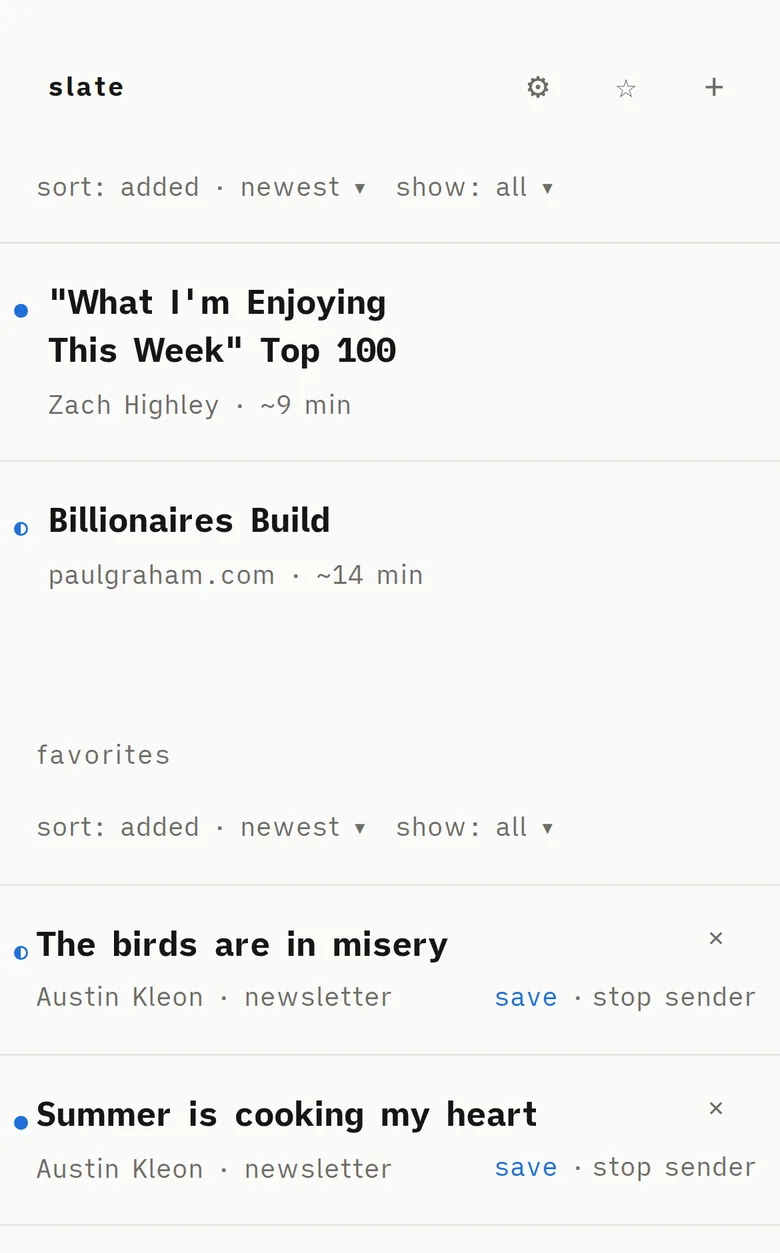 The Slate queue on a phone-sized browser: a short list of saved articles and newsletters, one line each