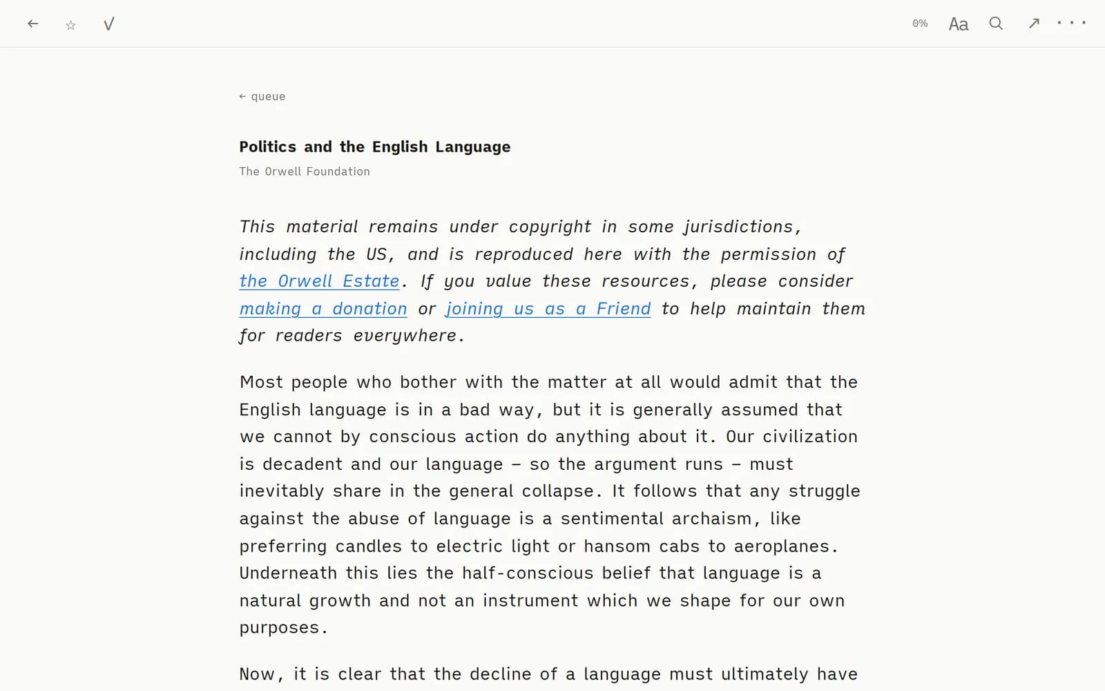 The Slate reader on a desktop browser: George Orwell's essay Politics and the English Language, one column of text and nothing else
