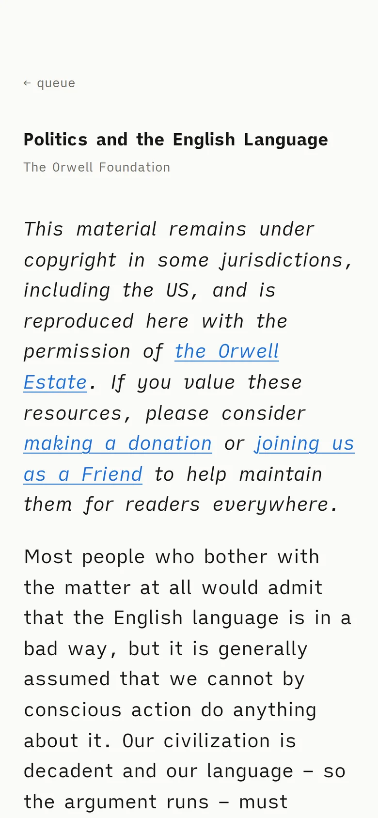 The Slate reader on a phone-sized browser: George Orwell's essay Politics and the English Language, one column of text and nothing else